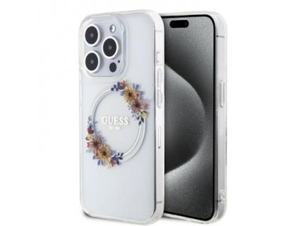 Guess PC/TPU Flowers Ring Glossy Logo MagSafe Zadní Kryt pro iPhone 14 Pro Transparent