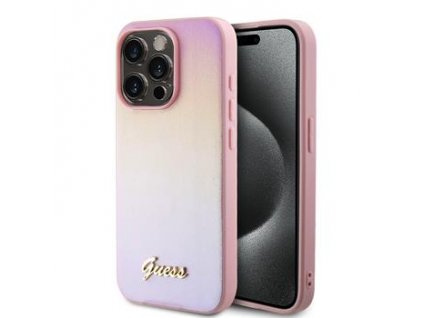 Guess PU Leather Iridescent Metal Script Zadní Kryt pro iPhone 15 Pro Max Pink