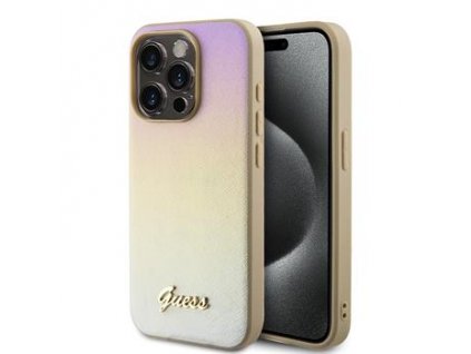 Guess PU Leather Iridescent Metal Script Zadní Kryt pro iPhone 15 Pro Max Gold
