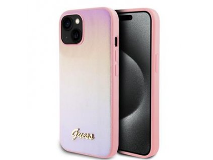 Guess PU Leather Iridescent Metal Script Zadní Kryt pro iPhone 15 Pink