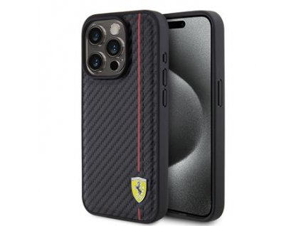 Ferrari PU Leather Carbon Vertical Red Line Zadní Kryt pro iPhone 15 Pro Black