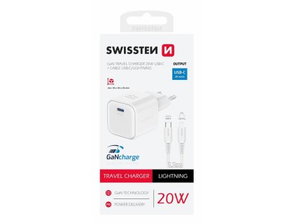 SWISSTEN SÍŤOVÝ ADAPTÉR GaN 1x USB-C 20W POWER DELIVERY BÍLÝ + DATOVÝ KABEL USB-C/LIGHTNING 1,2 M BÍLÝ