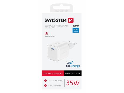SWISSTEN SÍŤOVÝ ADAPTÉR GaN 1x USB-C 35W POWER DELIVERY BÍLÝ