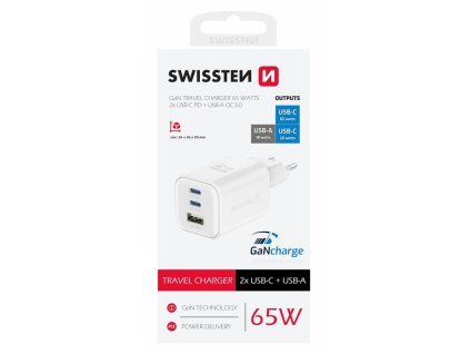 SWISSTEN SÍŤOVÝ ADAPTÉR GaN 2x USB-C 65W PD + 1x USB-A 18W QC BÍLÝ