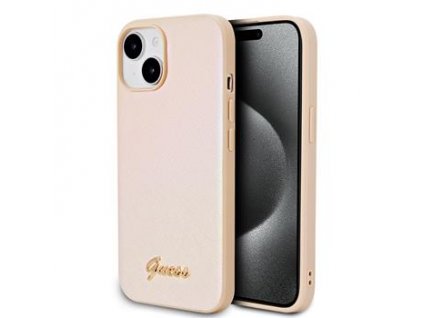 Guess PU Leather Iridescent Metal Script Zadní Kryt pro iPhone 15 Gold