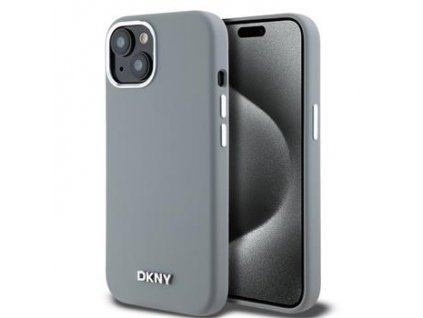 DKNY Liquid Silicone Silver Metal Logo Magsafe Zadní Kryt pro iPhone 15 Grey
