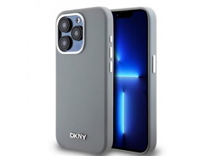 DKNY Liquid Silicone Silver Metal Logo Magsafe Zadní Kryt pro iPhone 15 Pro Grey