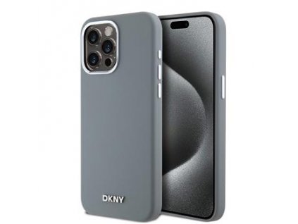 DKNY Liquid Silicone Silver Metal Logo Magsafe Zadní Kryt pro iPhone 15 Pro Max Grey