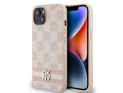 DKNY PU Leather Checkered Pattern and Stripe Zadní Kryt pro iPhone 15 Pink