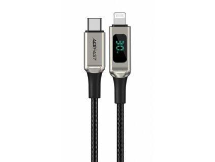 Nabíjecí a datový kabel 30W (3A) s UKAZATELEM HODNOT ~ AceFast C6-01 ~ USB-C/Lightning 1,2m MFi - Stříbrná