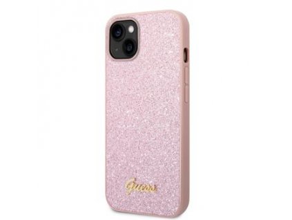 Třpytivý kryt - Guess - Flakes Metal Logo - iPhone 14 Plus - Růžový