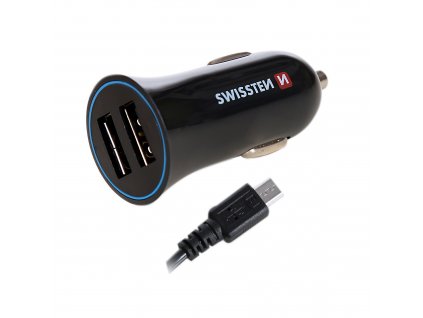 Autoadaptér do zapalování a nabíjecí kabel Micro USB - Swissten - 2x USB-A - 10W - Černý