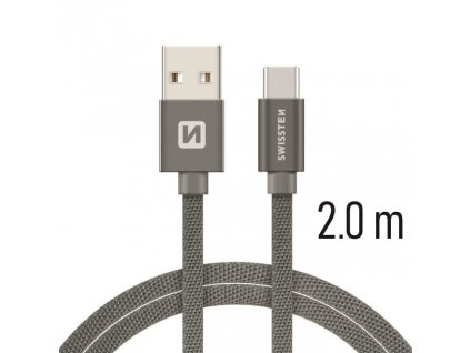Datový kabel - Swissten - Textile - USB-A na USB-C - 2M - Šedý