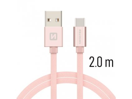 Datový kabel - Swissten - Textile - USB-A na USB-C - 2M - Růžový