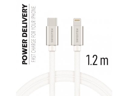 Datový kabel - Swissten - Textile - USB-C na Lightning - 1,2M - Stříbrný