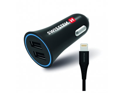 Autoadaptér do zapalování a nabíjecí kabel Lightning - Swissten - 2x USB-A - 10W - Černý