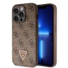 GUESS PU 4G Strass Triangle Metal Logo Zadní Kryt pro iPhone 15 Pro Brown