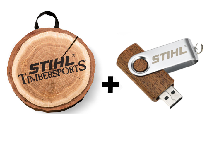 Dárková sada - SEDACÍ POLŠTÁŘEK STS STIHL + STIHL USB FLASH DISK VE DŘEVĚ, 16 GB