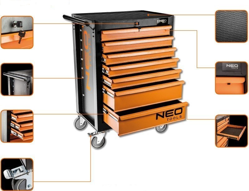 Dílenský vozík se 7 zásuvkami, vybavený s nářadím NEO Tools