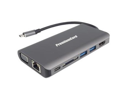 PremiumCord Převodník USB3.1 typ C na HDMI+VGA+RJ45+2xUSB3.0+SD card +3,5mm+PD charge