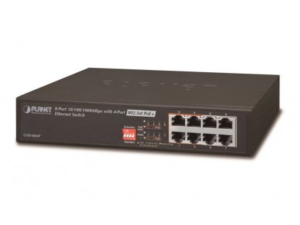 Planet GSD-804Pv2 PoE switch 8x1000B-T, 4x PoE IEEE 802.3at do 60W, extend mód 10Mb, fanless