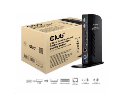 Club3D Dokovací stanice USB-A a USB-C Dual Display 4K60Hz (6x USB 3.0/2x DP/Ethernet/USB-B/2x audio)