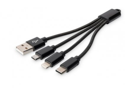 DIGITUS Nabíjecí kabel USB 3 v 1 - USB A - Lightning + micro B + typ C M/ M/M/M 0,15 m, bavlna, CE, zlatá, bl