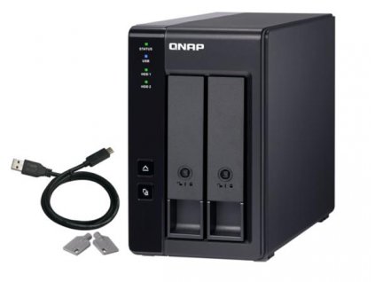 QNAP 2-bay 3.5" SATA HDD USB 3.1 Gen2 10Gbps type-C hardware RAID external enclosure. USB-C to USB-A cable included. Expansion uni