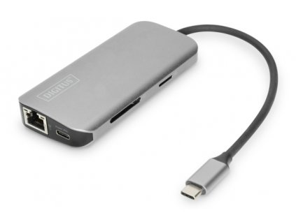 Digitus 8portová dokovací stanice USB-C, 2xUSB3.0, 1xRJ45, 2xHDMI, 1xPD, 1xMicro SD, 1xSD, šedá
