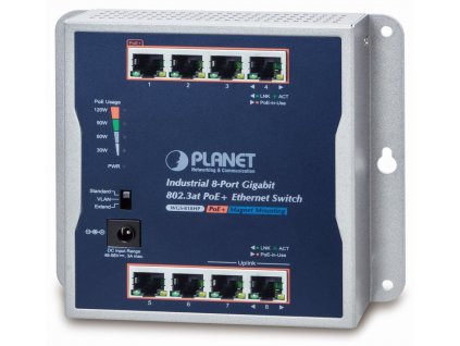 Planet průmyslový plochý switch 8x 1Gb, 8x PoE 30/120W, 48-56V, IP30, -20/60st, fanless