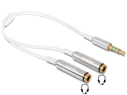 Delock adaptér stereo jack 3,5 mm samec,4 pin > 2 x stereo jack 3,5 mm samice,4 pin,25cm,bílý/stříbrný