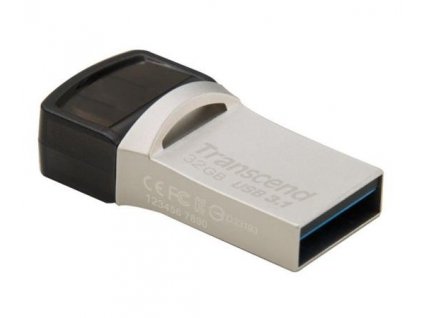 Transcend 32GB JetFlash 890, USB-C/USB 3.1 duální flash disk, malé rozměry, stříbrný kov, odolá prachu i vodě