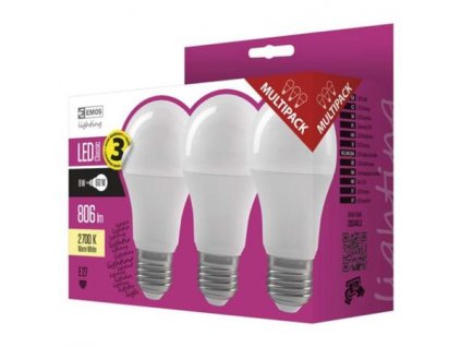 Emos LED žárovka Classic A60, 9W/60W E27, WW teplá bílá, 806 lm, Classic, F, 3 PACK