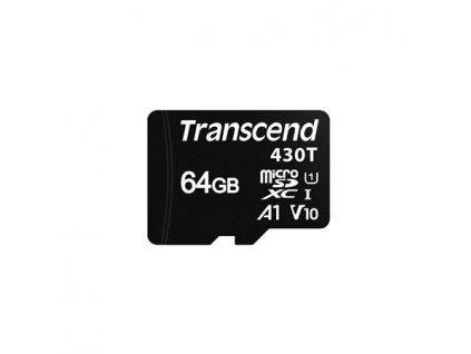 Transcend 64GB microSDXC430T UHS-I U1 (Class 10) V10 A1 3K P/E paměťová karta, 100MB/s R, 70MB/s W, černá, tray balení