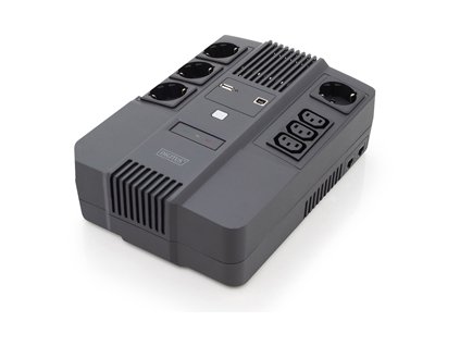 DIGITUS UPS vše-v-jednom, 800VA / 480W, LED 12V / 9Ah x1, 4x CEE 7 / 7,3x IEC C13, USB, RJ45