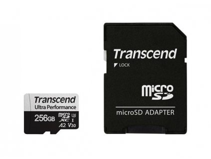 Transcend 256GB microSDXC 340S UHS-I U3 V30 A2 3D TLC (Class 10) paměťová karta (s adaptérem), 160MB/s R, 125MB/s W
