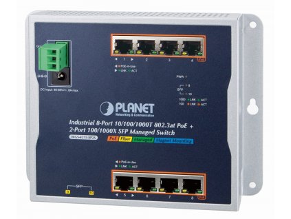 Planet WGS-4215-8P2S plochý L2/L4 switch, 8x1Gb, 2x1Gb SFP, 8x PoE 802.3at 200W, 48-56VDC, -40~75°C, IP30, fanless