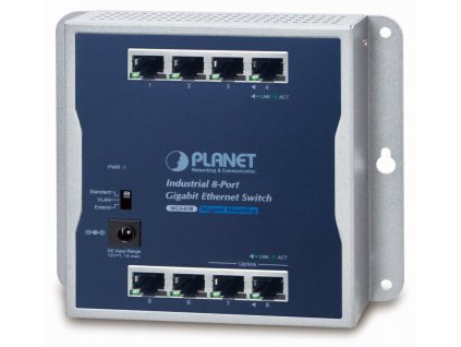 Planet průmyslový plochý switch 8x 1Gb, 12VDC, IP30, -20/60st, fanless