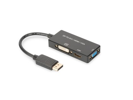 Digitus DisplayPort Kabelový převodník, DP - HDMI+DVI+VGA M-F/F/F, 0,2 m, multimediální kabel 3v1, CE, zlato, bl