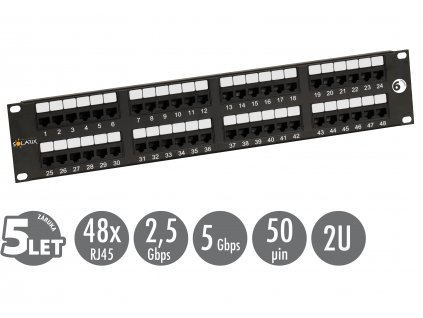 19'' patch panel Solarix 48 x RJ45 CAT6 UTP 350 MHz černý 2U SX48-6-UTP-BK