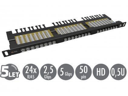 19'' patch panel Solarix 24xRJ45 CAT6 UTP s vyvazovací lištou černý 0,5U SX24HD-6-UTP-BK
