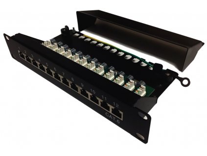 XtendLan Patch panel 10", 1U / 12 portů, CAT6, stíněný, LSA, vodorovné umístění konektorů, zemnič, černá barva