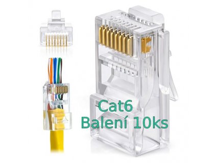 Konektor UTP RJ45EZ, Cat6 drát, 10ks,licna RJ45/5SLD, průchozí síťový konektor KoWSRJ45C6EZ10