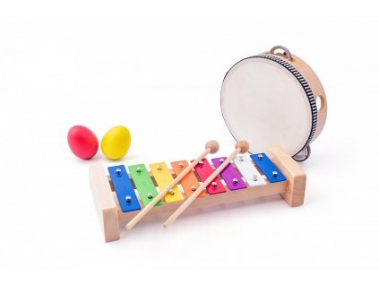 Hračka Woody Muzikální set (xylofon, tamburína/bubínek, triangl, 2 maracas vajíčka)