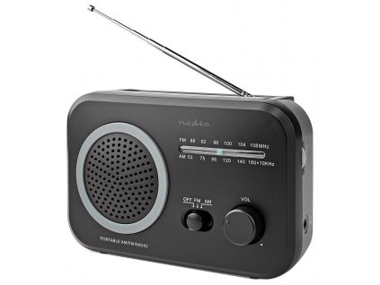 NEDIS přenosné rádio/ AM/ FM/ napájení z baterie/ síťové napájení/ analogové/ 1.8 W/ výstup pro sluchátka/ černo-šedé