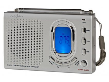 NEDIS přenosné rádio/ AM/ FM/ SW/ napájení z baterie/ síťové napájení/ digitální/ 1.5 W/ budík/ časovač vypnutí/ šedé