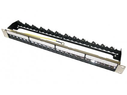 XtendLan Patch panel 19", 24 portů, neosazený, stíněný, černý, ,CAT5e,6,6A,7, vyvazovák