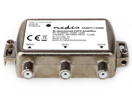 NEDIS zesilovač CATV/ maximální zesílení 12dB/ 85-1218 MHz/ 2 výstupy/ zpětný kanál - 4,5 dB/ 5-65 MHz/ konektor F/ šedý