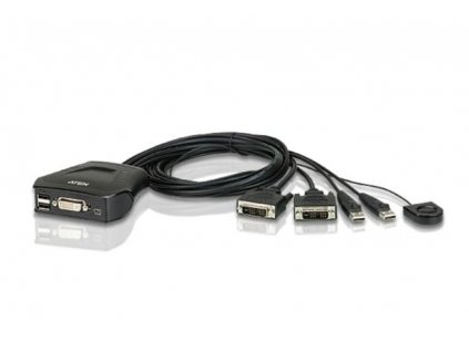 ATEN 2-port DVI KVM USB mini, integrované kabely, tlačítko pro přepínání