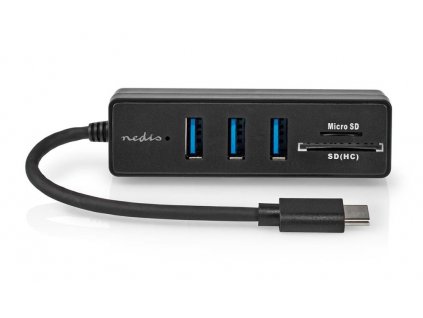 NEDIS USB hub/ zástrčka USB-C zástrčka/ 3x zásuvka USB-A/ 5 Portů/ USB 3.2 Gen 1/ 5 Gbps/ SD & MicroSD/ černý/ blistr